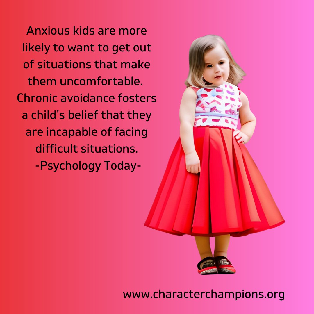 Anxious kids are more likely to want to get out of situations that make them uncomfortable. 
Chronic avoidance fosters a child's belief that they cannot face difficult situations. #parenting #parentingtips #parentingtools #anxietydisorderchildren
 -Psychology Today-