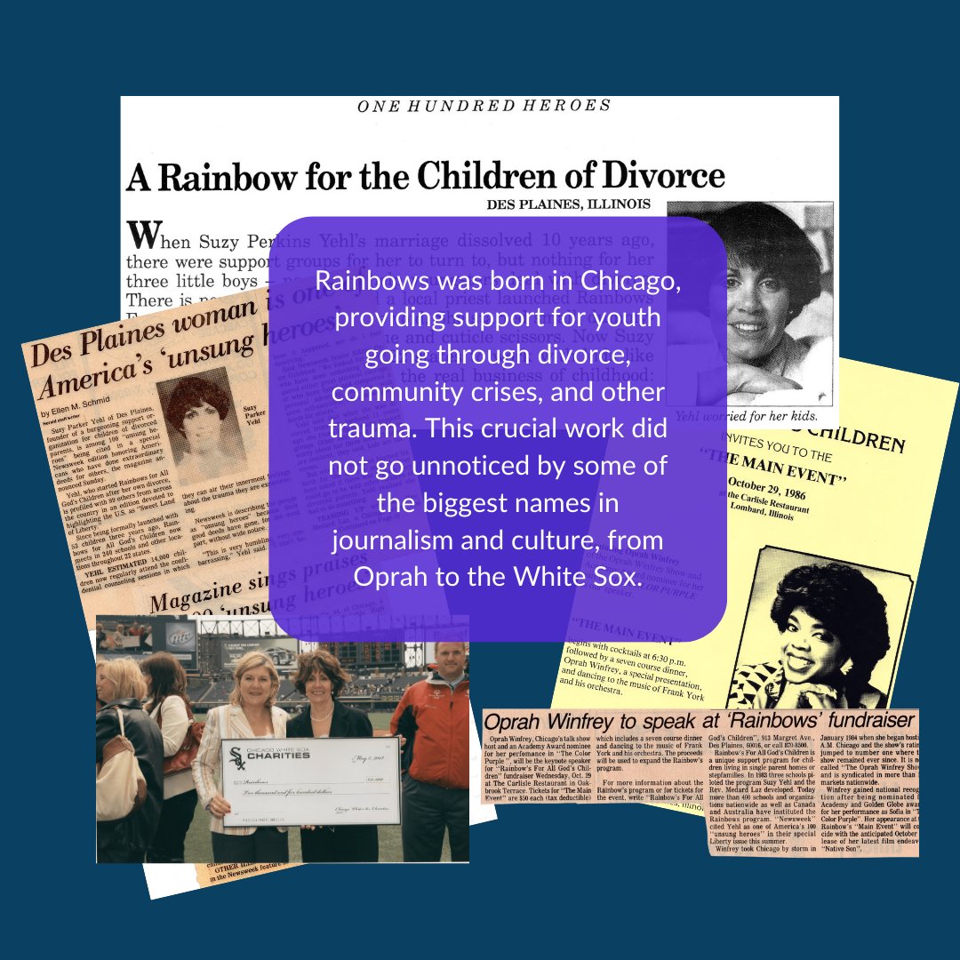 rainbowsforkids's tweet photo. Did you know that Oprah spoke at one of our fundraisers in the 90s? Or that the White Sox supported our programs in the early 2000s? Rainbows has been catching the attention of the public eye for years because of its crucial work in supporting youth.
#40yearsinthemaking https://t.co/mdZHqedMKa