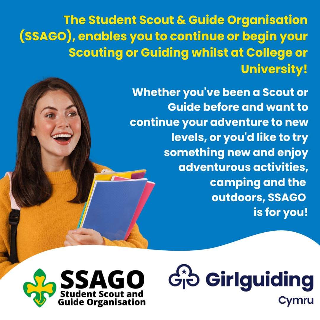 GGCaernarfonsh's tweet photo. 🎓 Are you going to university in Wales? 

The Student Scout &amp; Guide Organisation (SSAGO), enables you to continue or begin your Scouting or Guiding whilst at College or University.

Learn more: https://t.co/OhkKakKUWE https://t.co/pW0w7Sq4RU