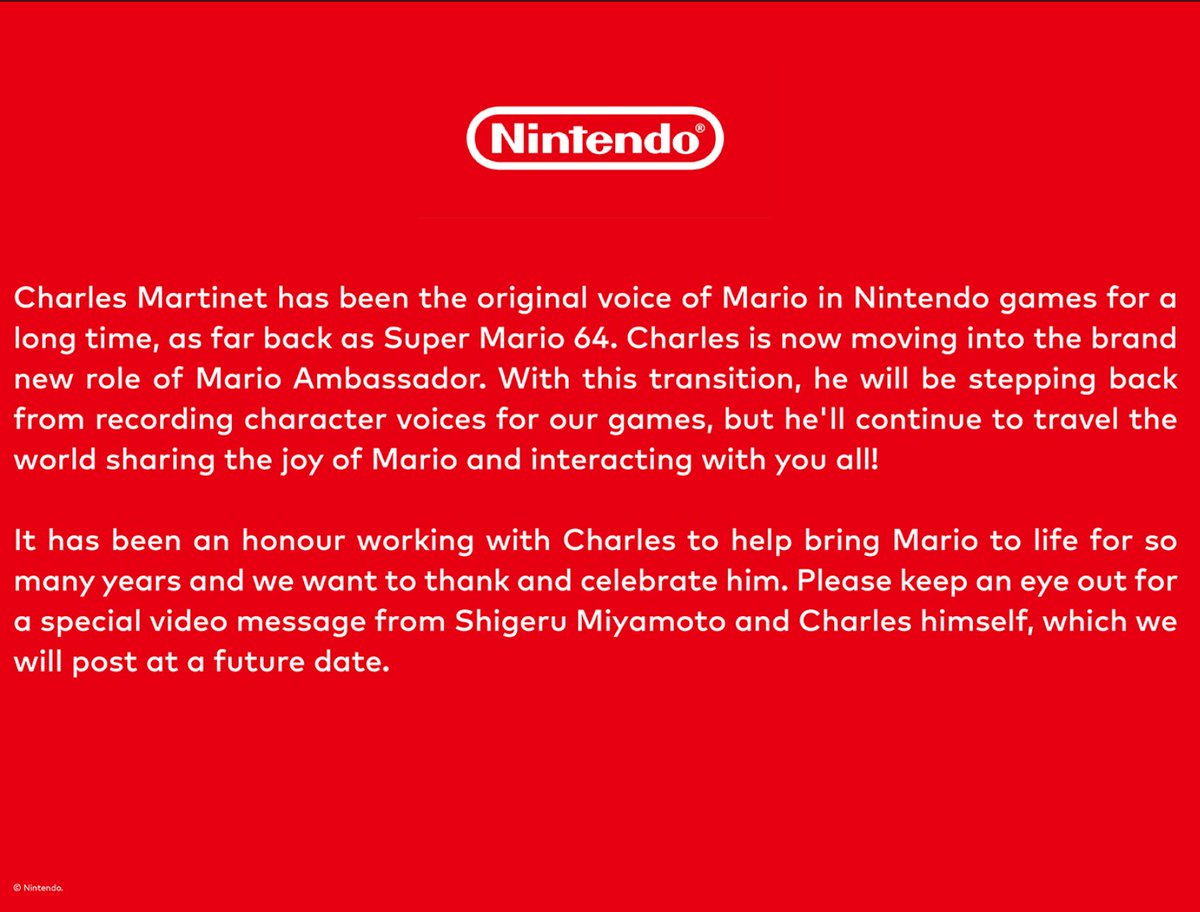 shinobi602's tweet image. Charles Martinet is stepping back from his voice acting role as Nintendo&apos;s Mario

End of an era.
