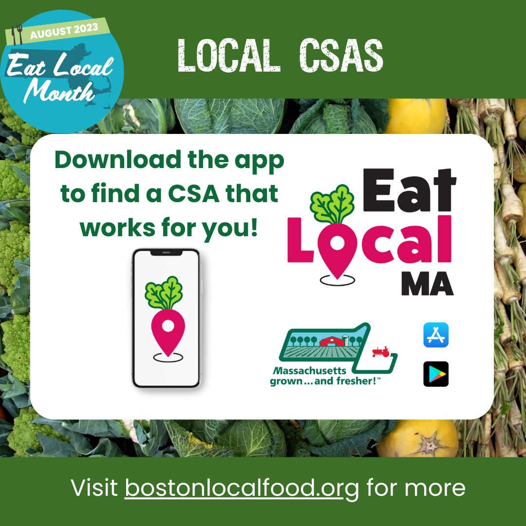 🤔Want a way to make sure you’re eating local? Join a CSA! Get the freshest food and support local agriculture. Use the EatLocalMA App to find one that works for you. #eatlocalma #eatlocalmonth #localgreenfair