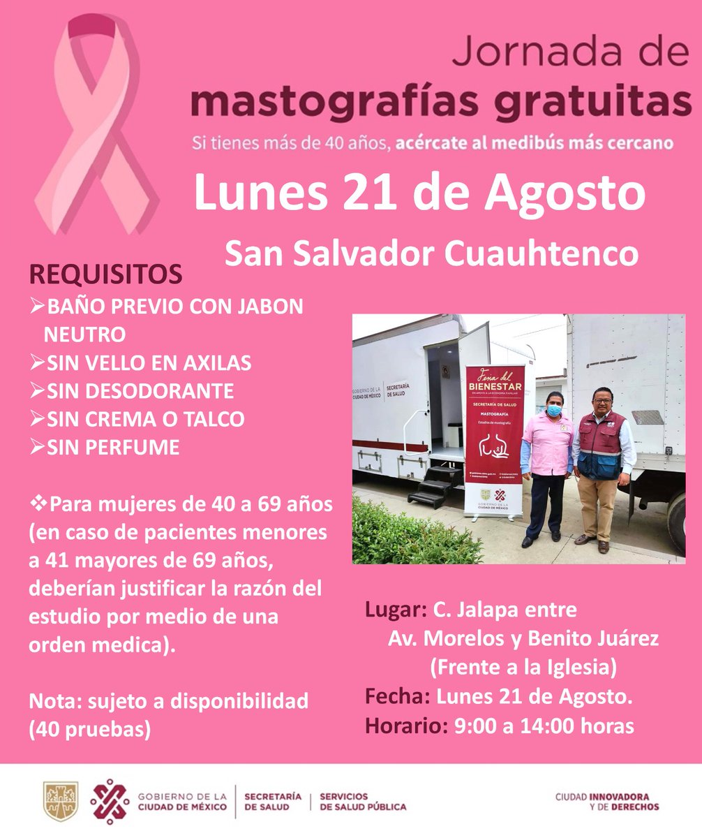 rivero_octavio's tweet photo. Vecinas de San Salvador Cuauhtenco, hoy 21 de agosto el #MEDIBUS se encontrará ubicado en la Plaza Cívica con el servicio gratuito de mastografías, asiste. 💜👩🏽⚕️
👩🏽 Personas de 40 a 69 años
⏰ Horario de 08 a 14 horas https://t.co/rDLrCl6Sff