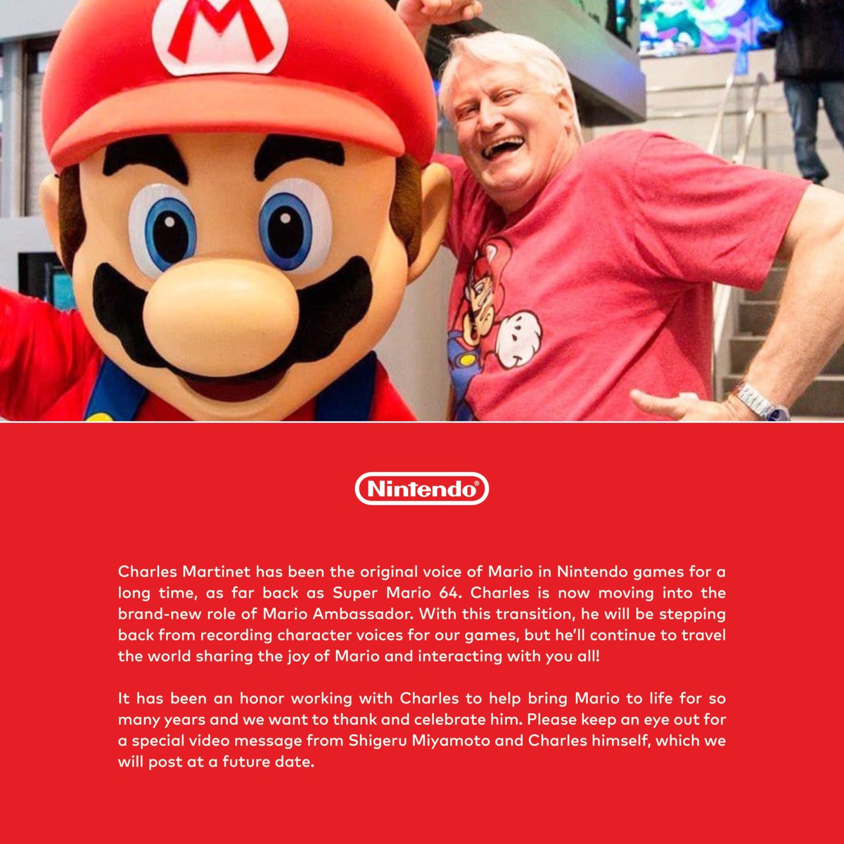 PopCrave's tweet photo. Charles Martinet, the original voice of Mario, announces he will be stepping back from recording character voices for future Nintendo games. https://t.co/xXBlwDeqfC