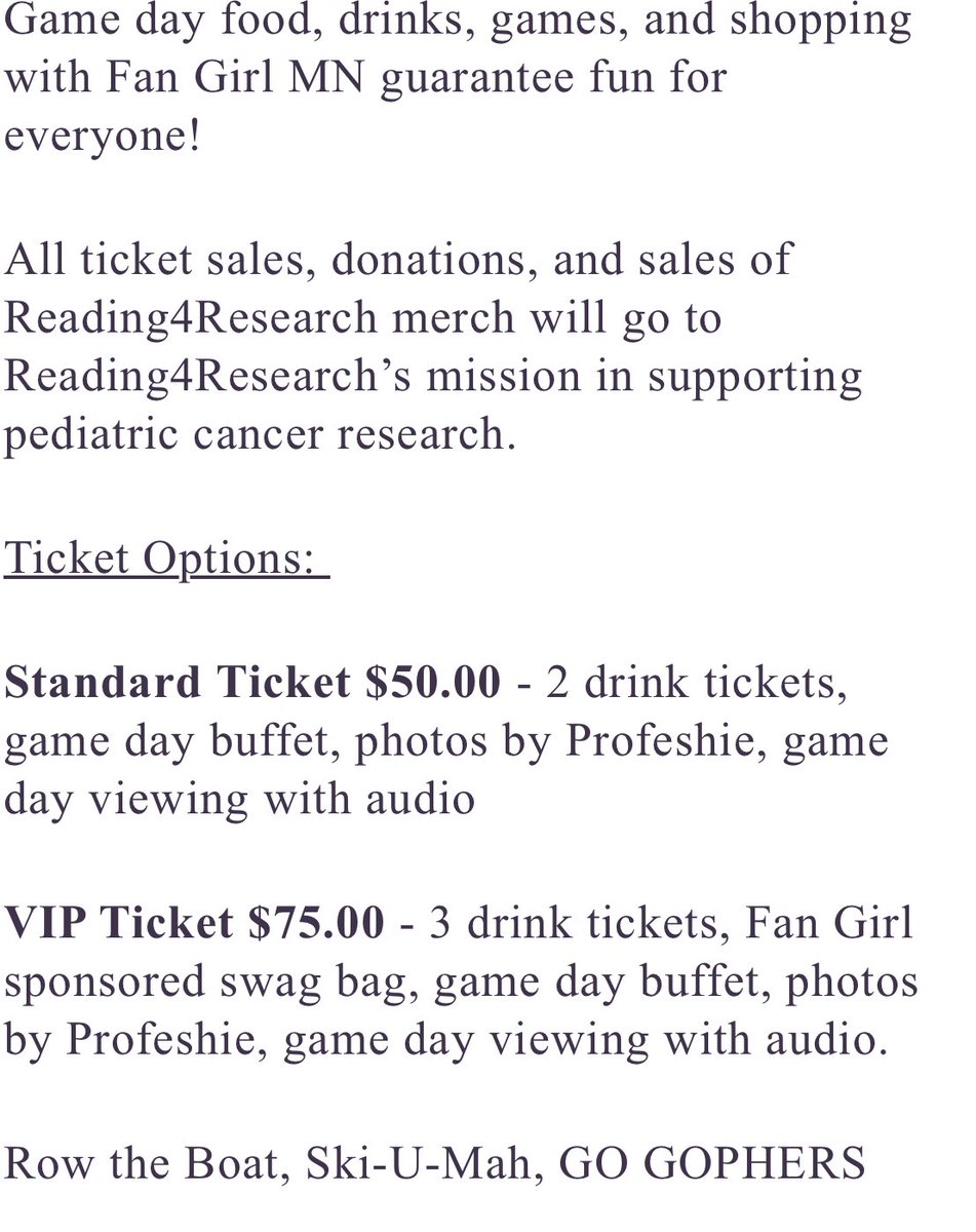 We are SO excited for this opportunity to share our mission WHILE cheering on our beloved Gophers.  Purchase tickets here:  fangirlclothing.com/products/gophe…