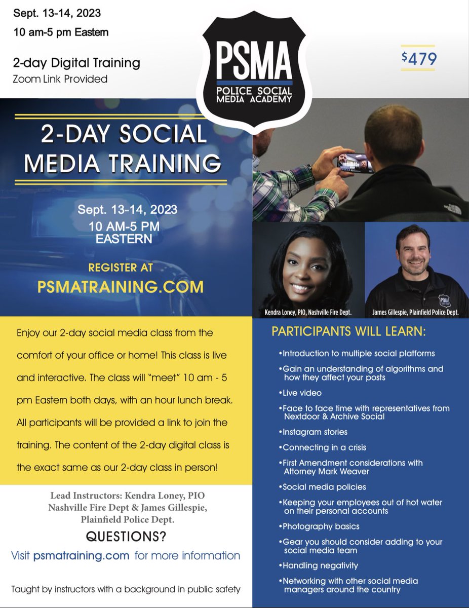 psmatraining's tweet photo. Our next 2-day digital class is September 13-14, 2023. It’s open to all public safety agencies! Register now: https://t.co/5kPGkQYDmB https://t.co/86h8uMyGHo