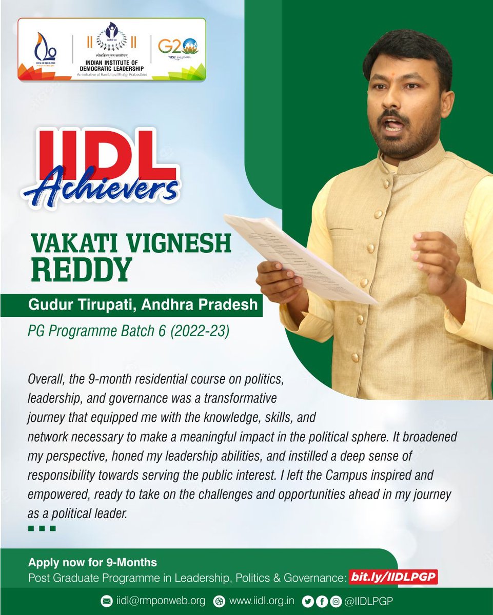 iidlpgp's tweet photo. #IIDL- Indian Institute of Democratic Leadership’s Batch 6 student - @VakatiVignesh is an IIDL Achiever from Andhra Pradesh.
You can be one of the #IIDLAchievers too.
Apply now to #JoinIIDL's PGP 2023-24 Batch➡️ https://t.co/MN4lJeMNQs
#IIDLPGP https://t.co/kulFDNA9R1