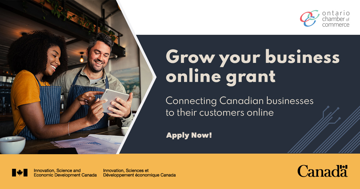 The <a href="/OntarioCofC/">Ontario Chamber</a>, in partnership with the Government of Canada, offers grants of up to $2400 for SMEs looking to adopt e-commerce solutions.

Complimentary application assistance is available.

Apply now: bit.ly/3ACfzXA.