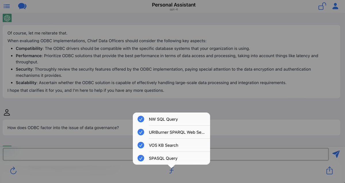 @FanLi_RnD @namedgraph @danbri @linkedktk @llama_index @OpenAI The attached screenshot is from our Personal Assistant (#SmartAgent) that provides support for products from our portfolio. Note the list of functions presented, where selection and execution is informed by sentence similarity analysis re Text Search, #SPARQL, #SQL, or #SPASQL.