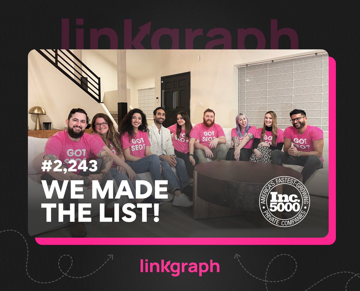 LinkGraphSEO's tweet image. We are thrilled to announce that LinkGraph has been recognized as one of the fastest-growing private companies in America by making it to the prestigious Inc 5000 list! 🥳
#inc5000 #inc5000list #fastestgrowingcompanies #seoagency