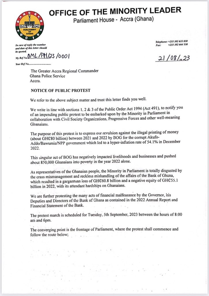 SamuelAbokyi1's tweet photo. Breaking News;
Notice of historic #OccupyBOG demo duly served on the Ghana police service; Demo to take place on Tuesday, 5th September, 2023.
Enough of the criminal and willful recklessness. Let’s arise to save Ghana now!
#AddisonMustGo
#BOGDirectorsMustGo
#8DaysMore https://t.co/J4Gnx9agRj