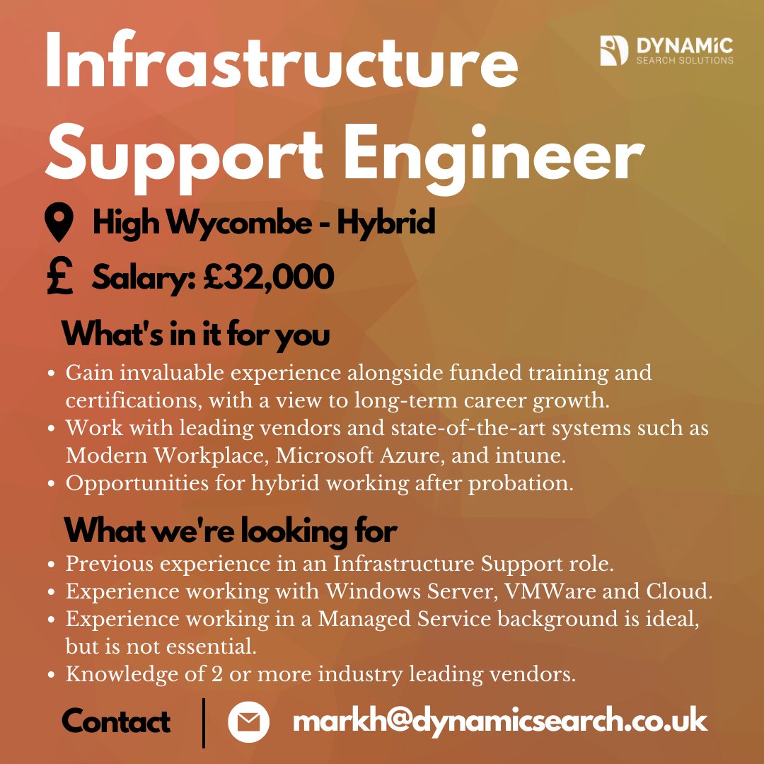 Dynamic__Search's tweet image. 📍 High Wycombe - Hybrid
💸 £32,000

This is a fantastic opportunity at an award-winning Managed Services Provider for someone looking for real progression opportunities, at a company that is committed to your career.

Click below to learn more or apply!

dynamicsearch.co.uk/job/infrastruc…