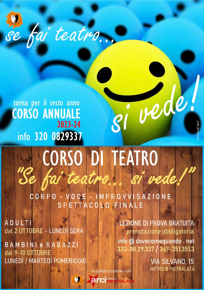 Ad #ottobre tornano i nostri laboratoriDIteatro
Adulti Ragazzi Bambini
SE FAI TEATRO...SI VEDE! 🥸 🥳 😜 🤩  🤡  
CORPO VOCE IMPROVVISAZIONE SPETTACOLO FINALE
Migliora espressività e confidenza/Raddrizza lo spirito!Prova gratuita Prenotazione OBBLIGATORIA info@dovecomequando.net