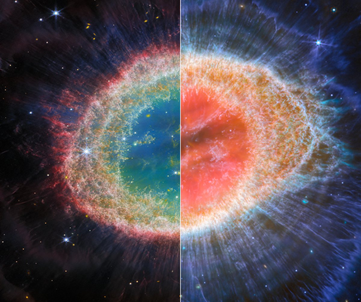 🌌🔭Webb captures detailed beauty of Ring Nebula (NIRCam and MIRI images)

The new visual of the Ring Nebula shows two images side by side. On the left, the image taken by Webb’s NIRCam (Near-InfraRed Camera) shows the filament structure of the inner ring in detail,