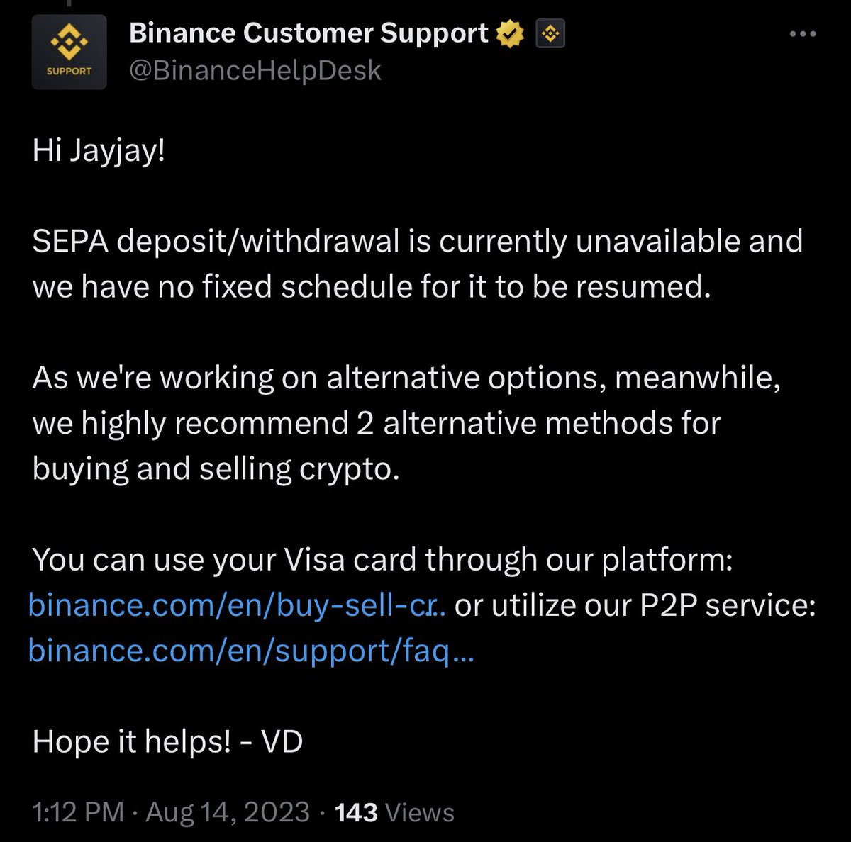binance says “direct bank transfers for EUR currency is in maintenance”  they also previously said that these transfers have been “temporarily  suspended,” along with deposits via SEPA