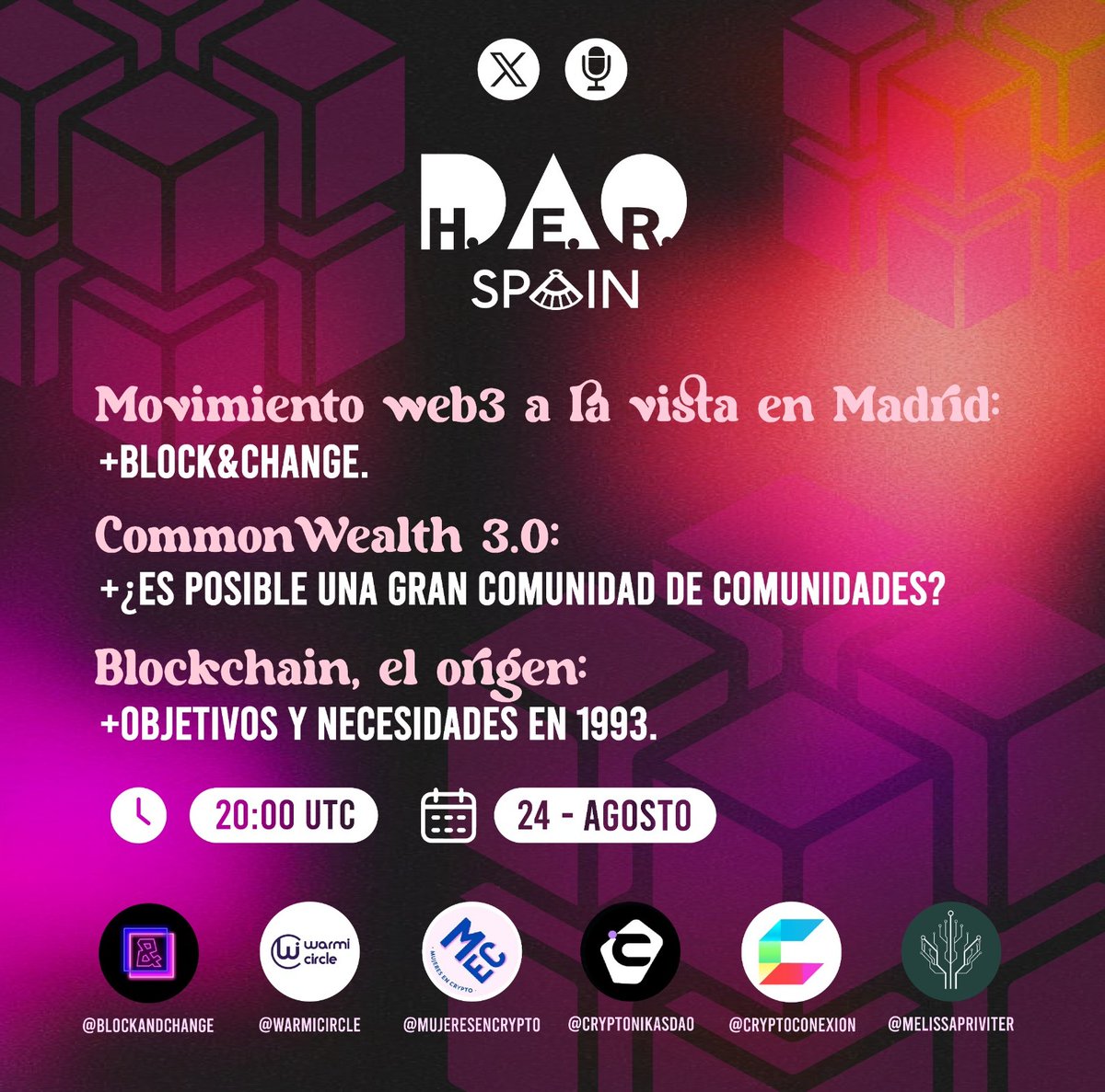 herdaospain's tweet image. ¡Feliz lunes! 

Nos complace muchísimo anunciar cuales son las comunidades que nos van a acompañar en este Xspace que estamos preparando con mucha ilusión y esfuerzo.

🔔Recuerda, es este jueves 🗓️25/08.
¡Configura tu recordatorio y acompáñanos! 👇🏽