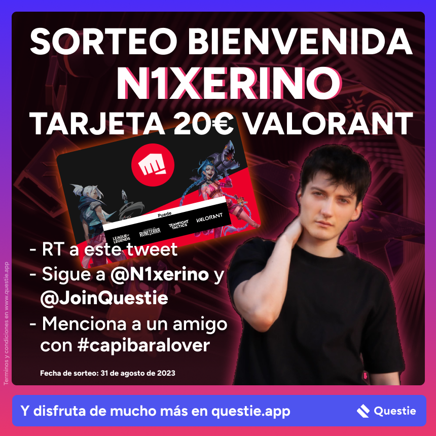n1xerino's tweet photo. SORTEO DE BIENVENIDA JUNTO A @JoinQuestie !!

Seguid las siguientes indicaciones de la imagen para participar en el sorteo de 20€ en Valorant Points y no olvidéis usar mi código de referido al registrarse en la página: https://t.co/wlqs9ViPTQ 

#ad https://t.co/7nf0hFRDtn