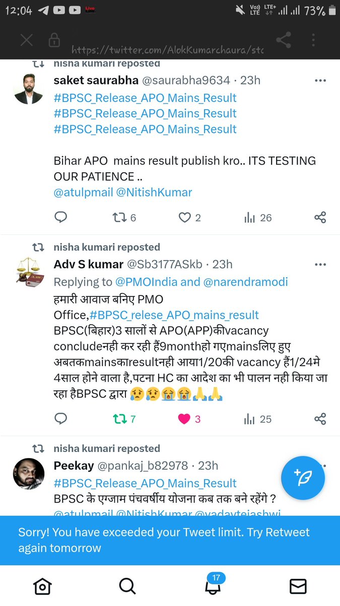 sha27435's tweet photo. #Release_Bihar_APO_Mains_Result
@atulpmail @NitishKumar @BpscUnion @yadavtejashwi @officecmbihar @DileepY51270176 non declaration of result of APO mains examination has put 5400 candidatesto dilemma and has created mess in their life and livelihood. We just want Result. https://t.co/cmvgIQK4IC