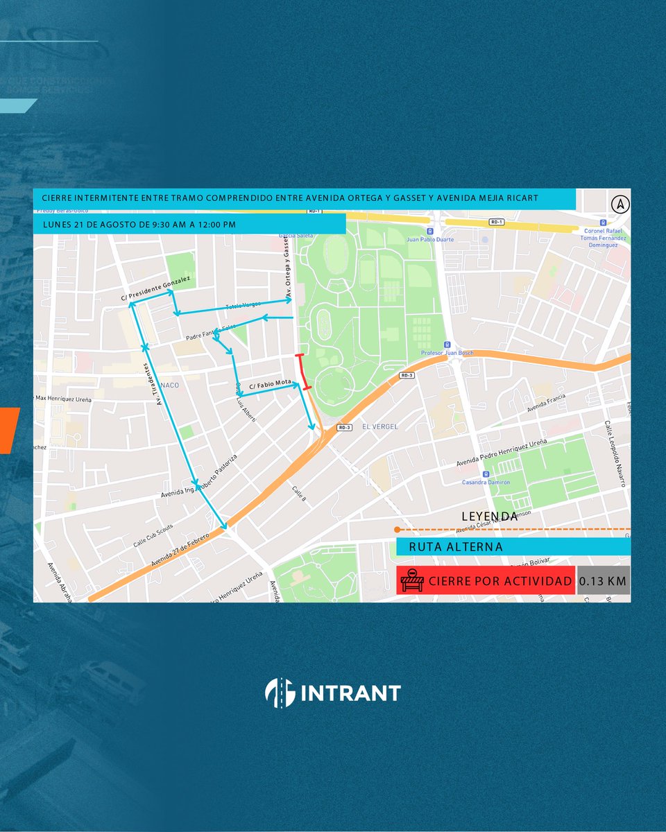INTRANT_RD's tweet photo. #AvisoIntrant | desliza y conoce las rutas alternas por cierre de filmaciones hasta las 12:00 p.m. 

🚧 cierre temporal: 
Av. Ortega y Gasset con Gustavo Mejía Ricart 

🚧Cierre total: 
Av. Máximo Gómez entre Calle Américo Lugo y Av. República de Paraguay. 

#IntrantRD https://t.co/8C0cNBUxS1
