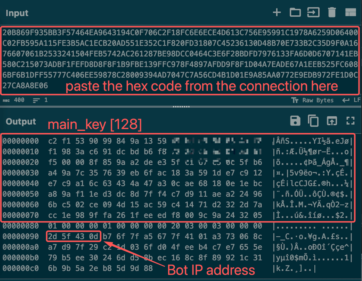 anyrun_app's tweet photo. #Tofsee is a veteran botnet that is still in service
Tofsee utilizes a one-byte encryption algorithm using a slightly modified Output Feedback (OFB) scheme with plaintext feedback.
This algorithm is used for the first packet from the server, which contains key information for the entire connection. This is why the algorithm is so important.
Check the sample 👉https://t.co/K8wEgHsc5A
We provide a unidirectional decyptor implemented in the CyberChef service for the key data from the server response.
https://t.co/5zOgUsAdbA