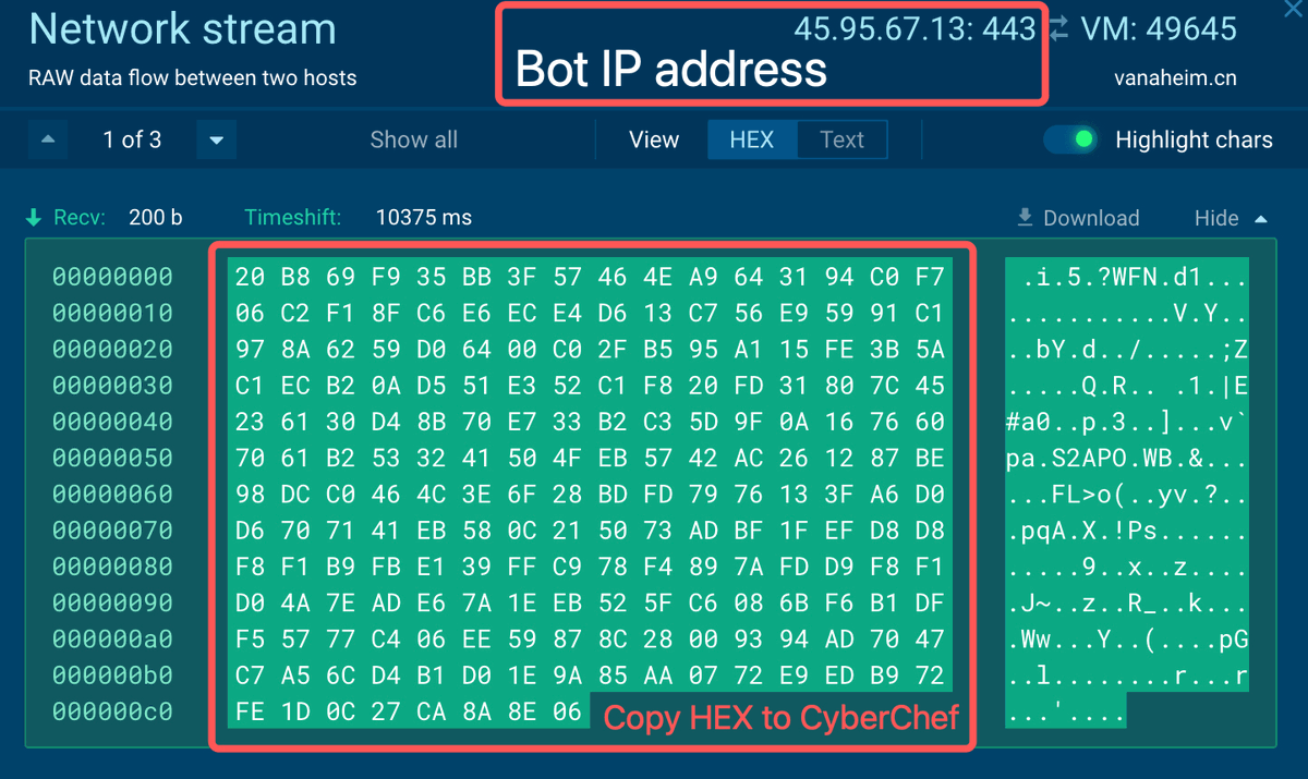 anyrun_app's tweet photo. #Tofsee is a veteran botnet that is still in service
Tofsee utilizes a one-byte encryption algorithm using a slightly modified Output Feedback (OFB) scheme with plaintext feedback.
This algorithm is used for the first packet from the server, which contains key information for the entire connection. This is why the algorithm is so important.
Check the sample 👉https://t.co/K8wEgHsc5A
We provide a unidirectional decyptor implemented in the CyberChef service for the key data from the server response.
https://t.co/5zOgUsAdbA