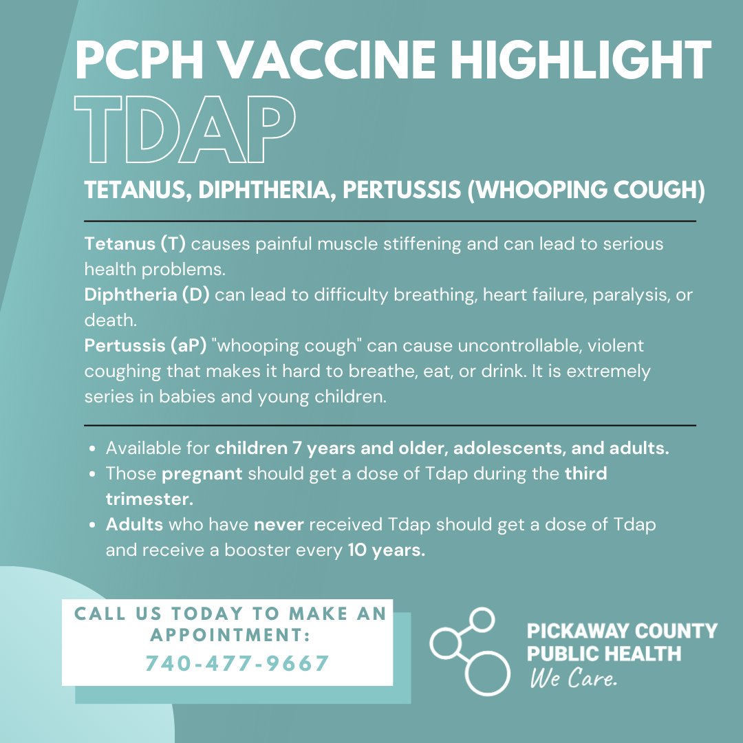 PC_PublicHealth's tweet photo. As part of National Immunization Awareness month, we would like to highlight some key routine immunizations available for all ages at Pickaway County Public Health! To make an appointment with us, please call 740-477-9667, option 1. https://t.co/vKojcLq9x5