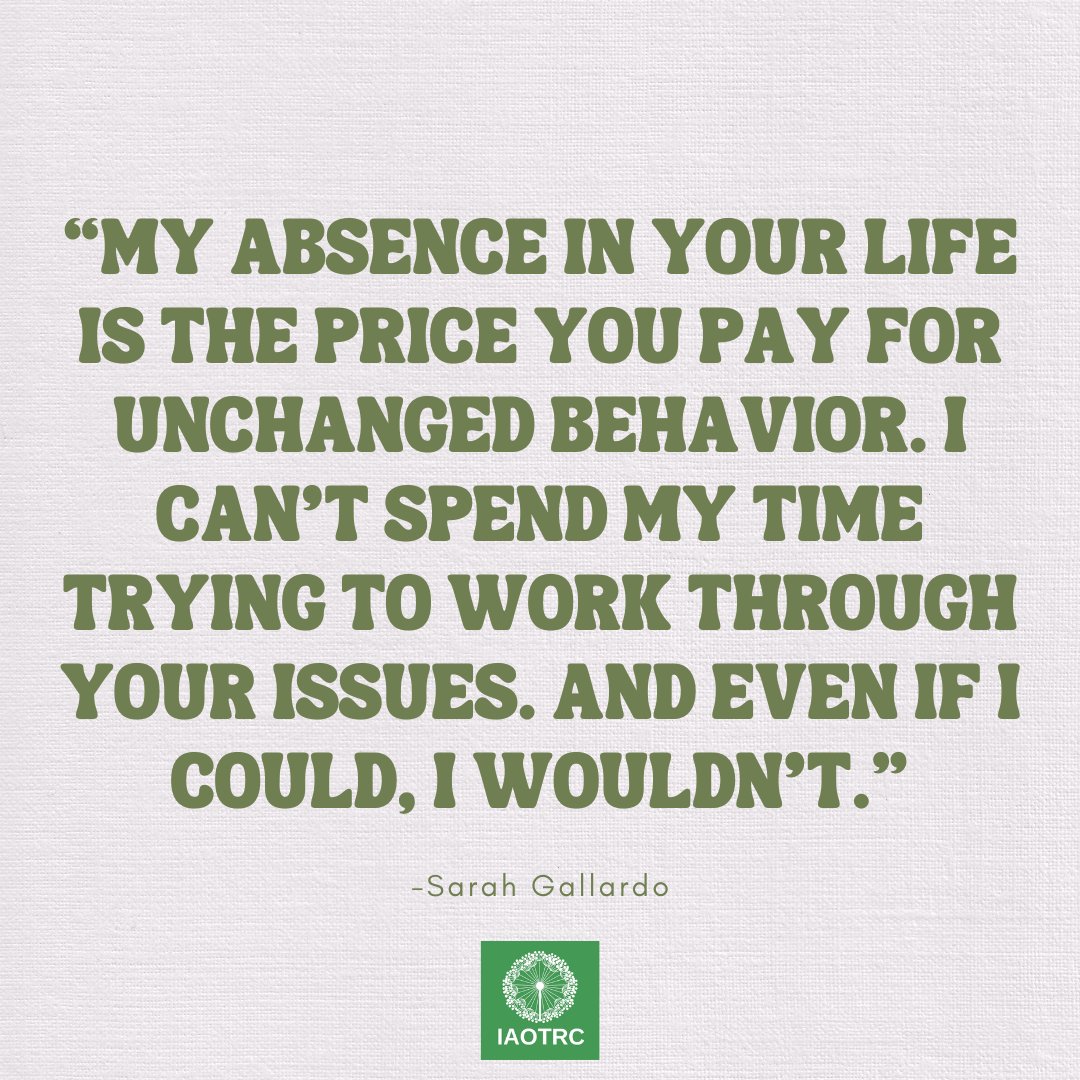 “My absence in your life is the price you pay for unchanged behavior. I can’t spend my time trying to work through your issues. And even if I could, I wouldn’t."
#iaotrc #trauma #growth #healing #traumarecovery #childhoodtrauma #recovery #survivor