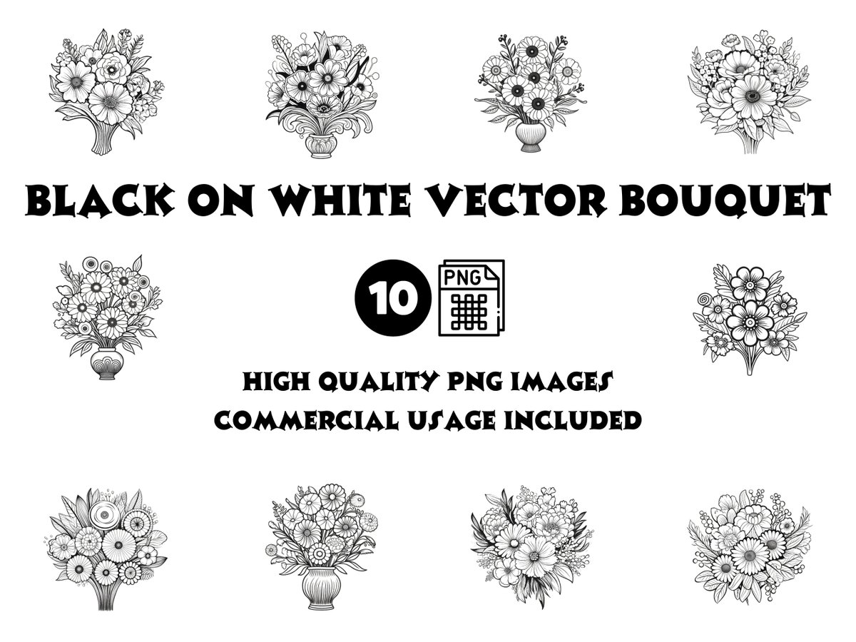 Timeless Elegance: Black White Vector Bouquet Clipart - DIY Crafts, Elegant Designs, Floral Graphics | Digital Download etsy.me/47J5IO2 #black #collage #flowers #flowerbouquet #blackwhitevector #bouquetclipart #floralgraphic #modernillustration #printabledecor