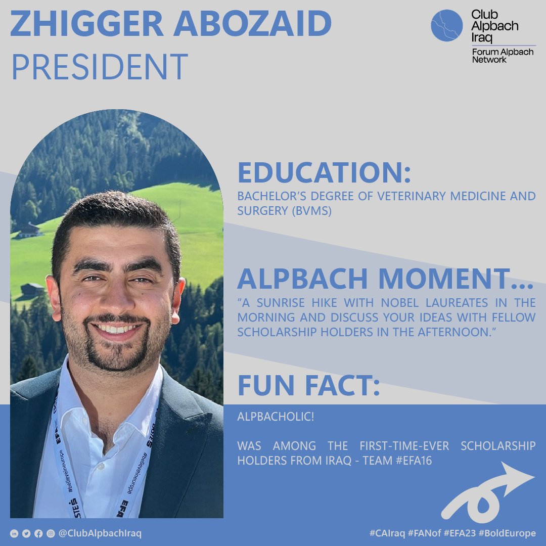 ClubAlpbachIraq's tweet photo. Meet the team behind the @FANofAlpbach's @clubalpbachiraq. We are very excited to present our board to you! And hey! Some of us will be at the @forumalpbach - 2023.
Looking forward to an amazing forum!
#CAIraq #FANof #EFA23 #BoldEurope https://t.co/pFkHleKOg7