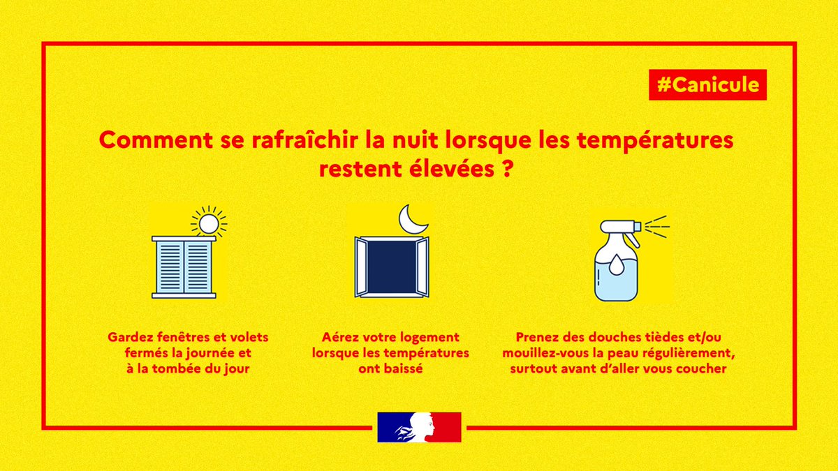 Ministère de la Santé et de l'Accès aux soins (@sante_gouv) on Twitter photo #Canicule | Comment se rafraîchir lorsque les températures restent élevées la nuit ? ⤵
🔎 Plus de conseils et recommandations sur : sante.gouv.fr/sante-et-envir… #Canicule | Comment se rafraîchir lorsque les températures restent élevées la nuit ? ⤵
🔎 Plus de conseils et recommandations sur : sante.gouv.fr/sante-et-envir…