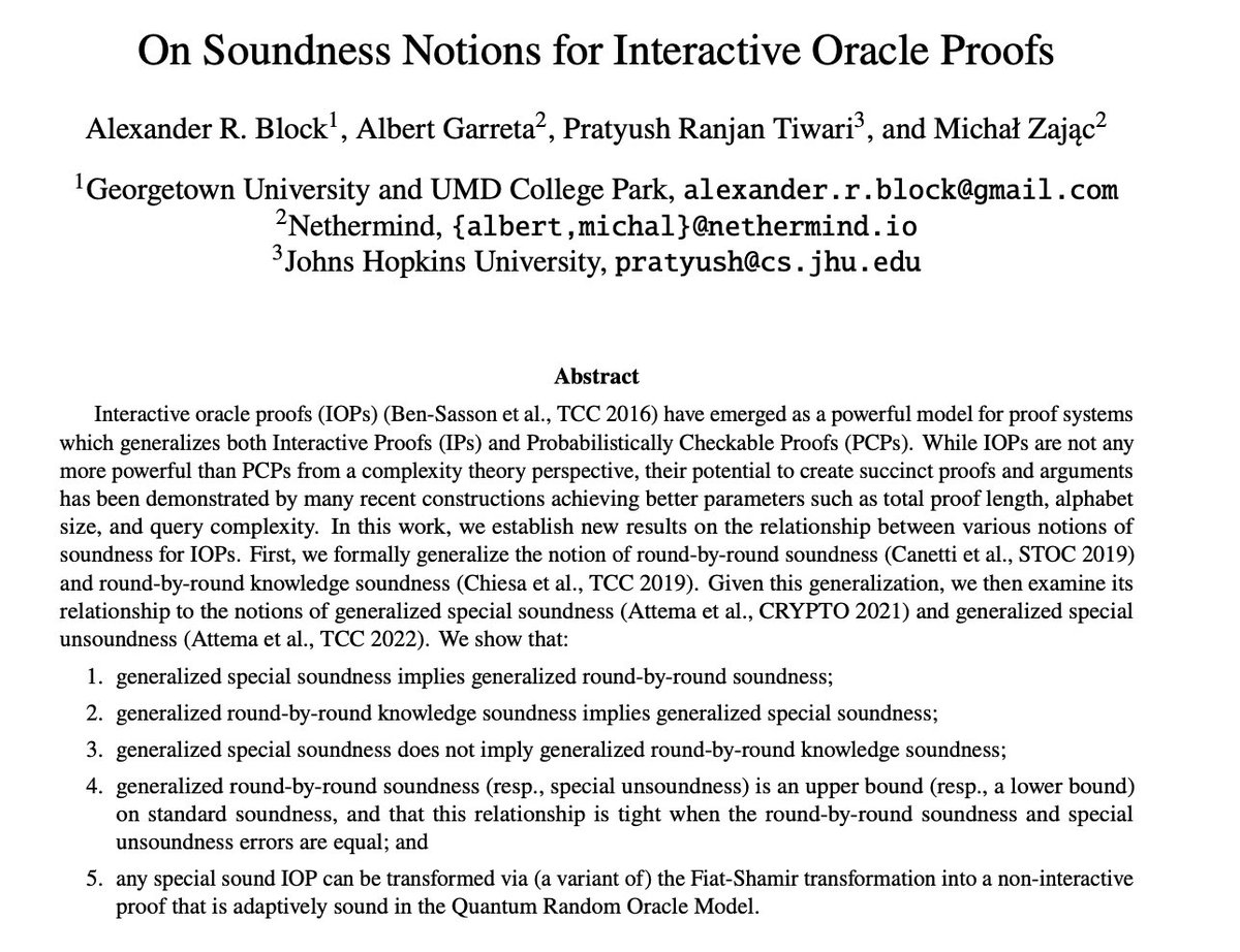 Our #cryptography research team’s newest paper is live 🔥 They analyze notions of security for Interactive Oracle Proofs (IOP), namely Special Soundness, and Round-by-round (RBR) (knowledge) soundness.

TLDR👇🧵
eprint.iacr.org/2023/1256

By Nethermind's <a href="/0xAlbertG/">Albert Garreta | Hiring | Nethermind</a> &amp; <a href="/mpfzajac/">Michał Zając | Nethermind</a>
