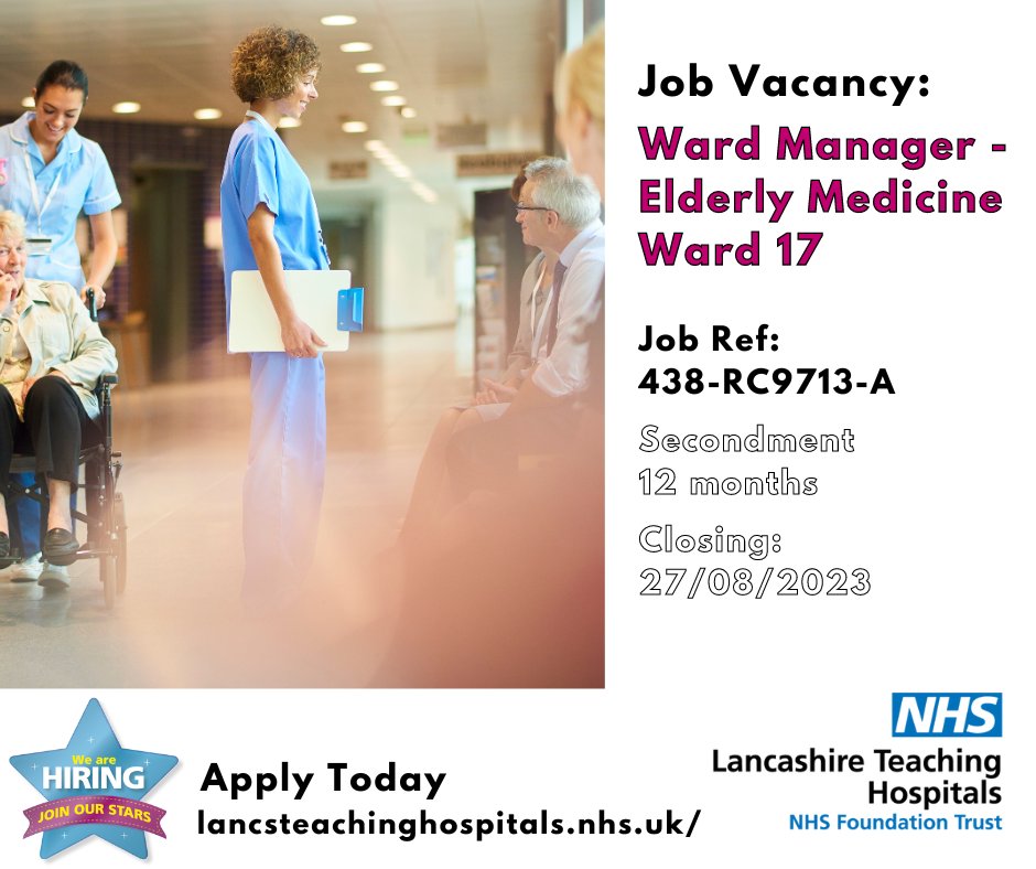 Job Vacancy: Ward Manager - Elderly Medicine Ward 17 @Ward17_RPH 

⏰Closes: 27/08/2023

Read more and apply: lancsteachinghospitals.nhs.uk/join-our-workf…

#NHS #NHSjobs #lancashire #Preston #ElderlyMedicine #Band7 #Elderly  #WardManager