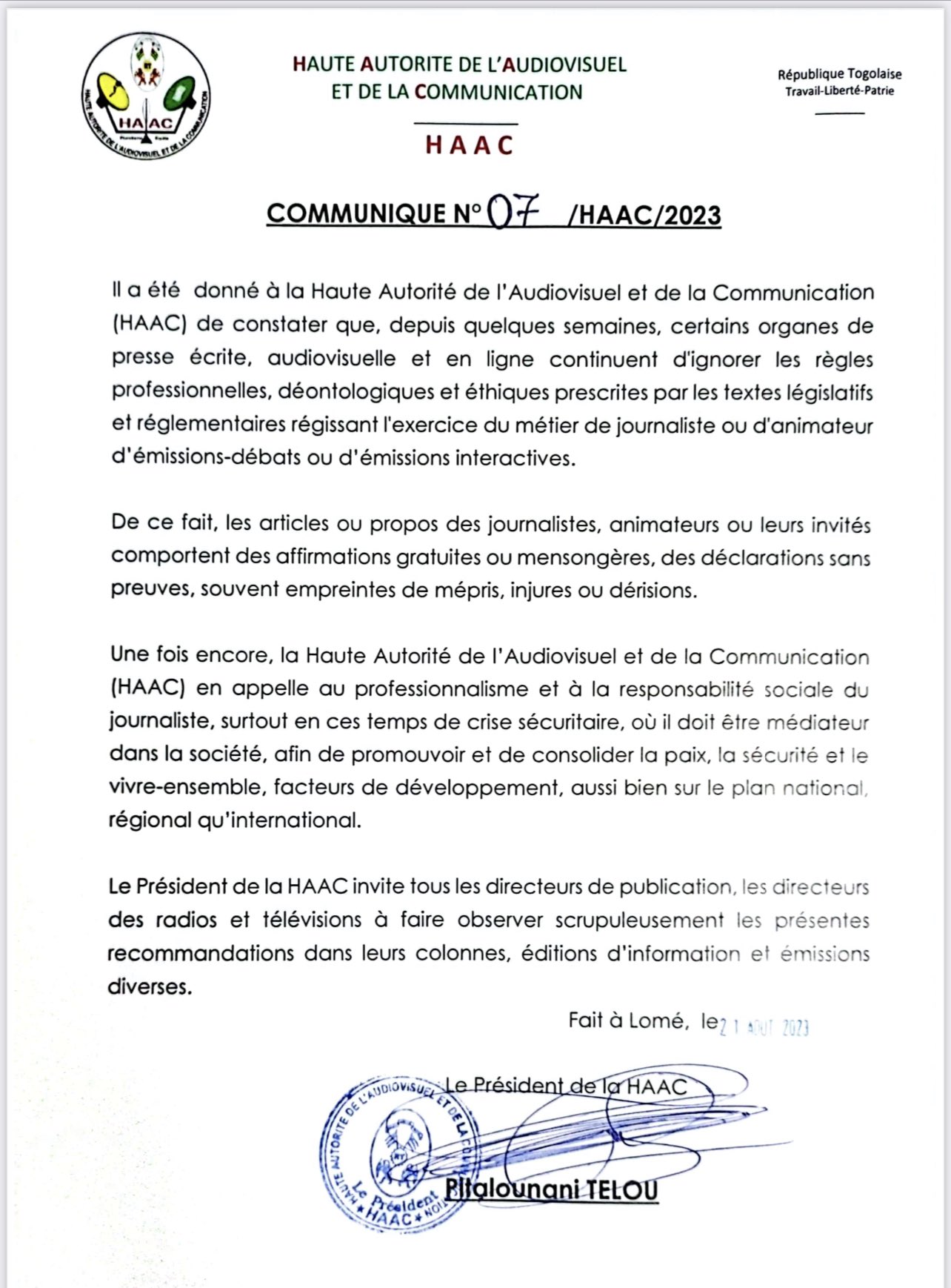 Togo : La HAAC met en garde ces médias