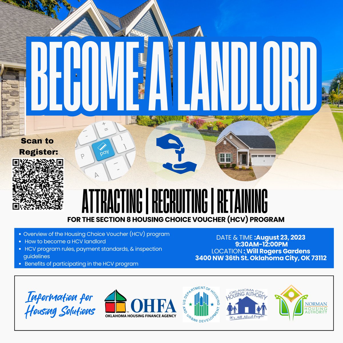 HUDSouthwest's tweet photo. Are you a landlord in OK? On 8/23 come learn about HUD Housing Choice Vouchers &amp; how to get involved. Through this program tenants pay 30% of adjusted income towards rent the rest is paid by the Voucher automatically to particpating landlords. @HUDgov @HousingOKC @OklahomaHousing https://t.co/E9XvPaeK10