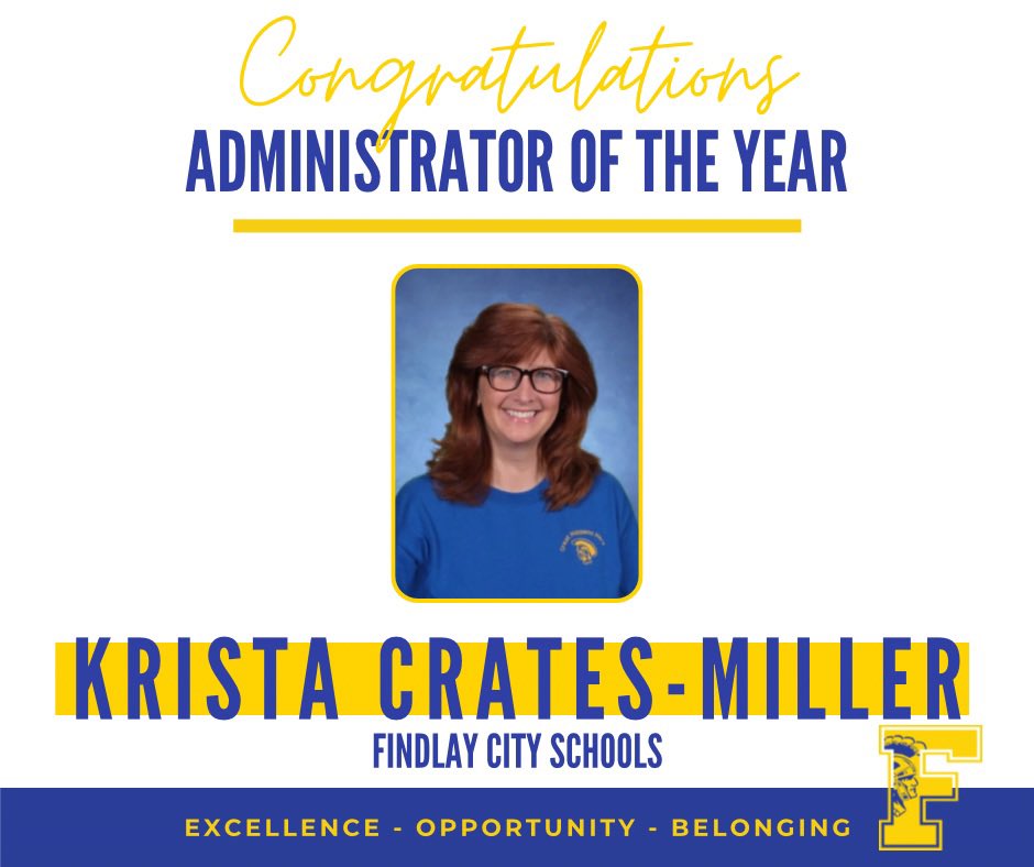 FCSTrojans's tweet image. Findlay City Schools is celebrating Krista Crates-Miller, the first-ever recipient of the Crates-Miller Administrator of the Year Award. Through decades of service and leadership for Findlay City Schools, Krista has continually worked to elevate all aspects of the district.