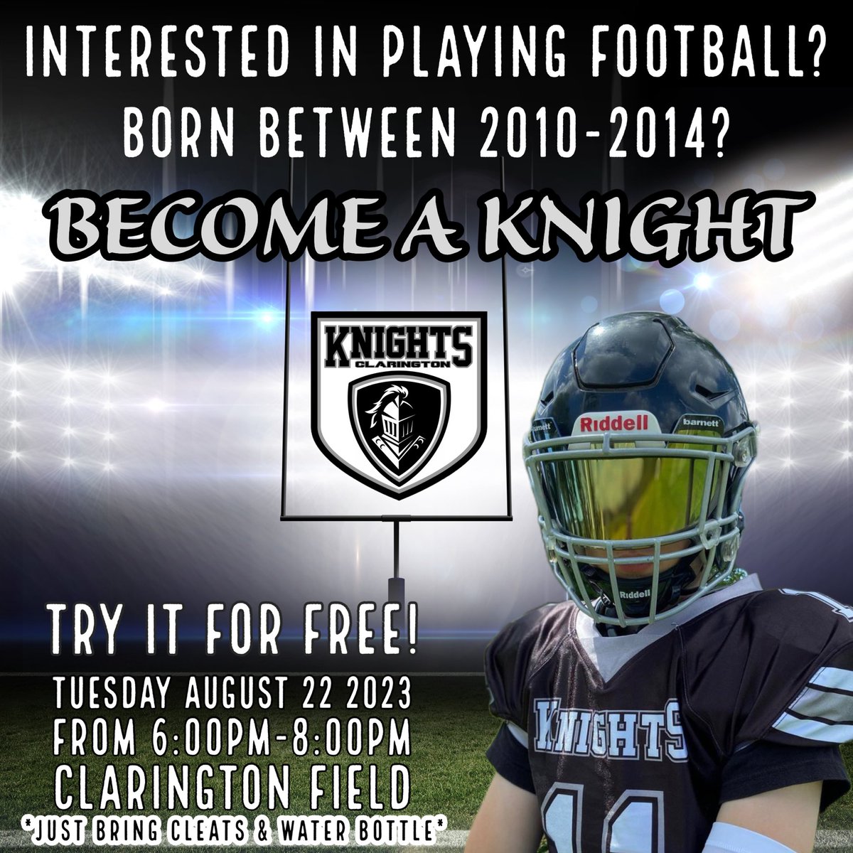 Thinking about playing youth football this fall? Come by our open practice and try it for free! Open to boys &amp; girls born 2010-2014.

Tues. August 22/23
6:00-8:00pm
Clarington Fields
2375 Baseline Rd. Bowmanville 
*just bring suitable shoes &amp; water*