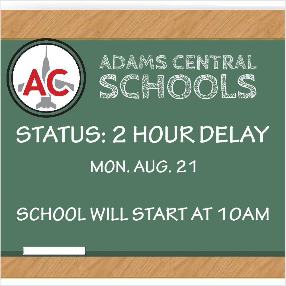 AdamsCentral's tweet photo. Adams Central will be on a 2 hour delay for Monday, August 21 due to fog. School begins at 10am. #AdamsCentral #ACJets https://t.co/aaTUCU88Sz
