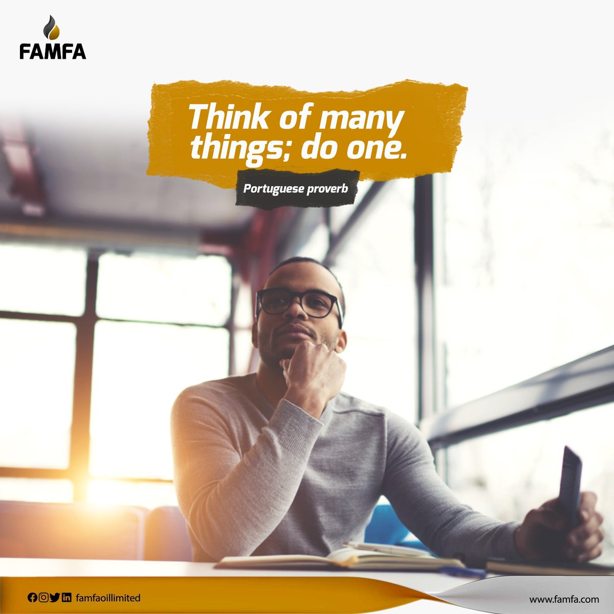 FamfaOilLimited's tweet photo. Amidst endless ideas, master the art of focused execution. Channeling one thought into action can ignite remarkable success and excellence.
#FamfaOil #MondayMotivation #Agbami https://t.co/uiJ2uafC8M