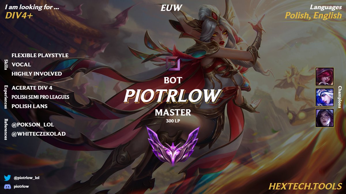 Piotrlow (@piotrlow_lol) on Twitter photo Hello!
I am looking for a team or tryouts for winter split.
References: <a href="/Pokson_lol/">Poks0n</a> <a href="/WhiteCzekolad/">BiałyCzekolad</a>
DM for OPGG and inside informations.
<a href="/LFT_PL/">LFT POLAND</a> Hello!
I am looking for a team or tryouts for winter split.
References: <a href="/Pokson_lol/">Poks0n</a> <a href="/WhiteCzekolad/">BiałyCzekolad</a>
DM for OPGG and inside informations.
<a href="/LFT_PL/">LFT POLAND</a>