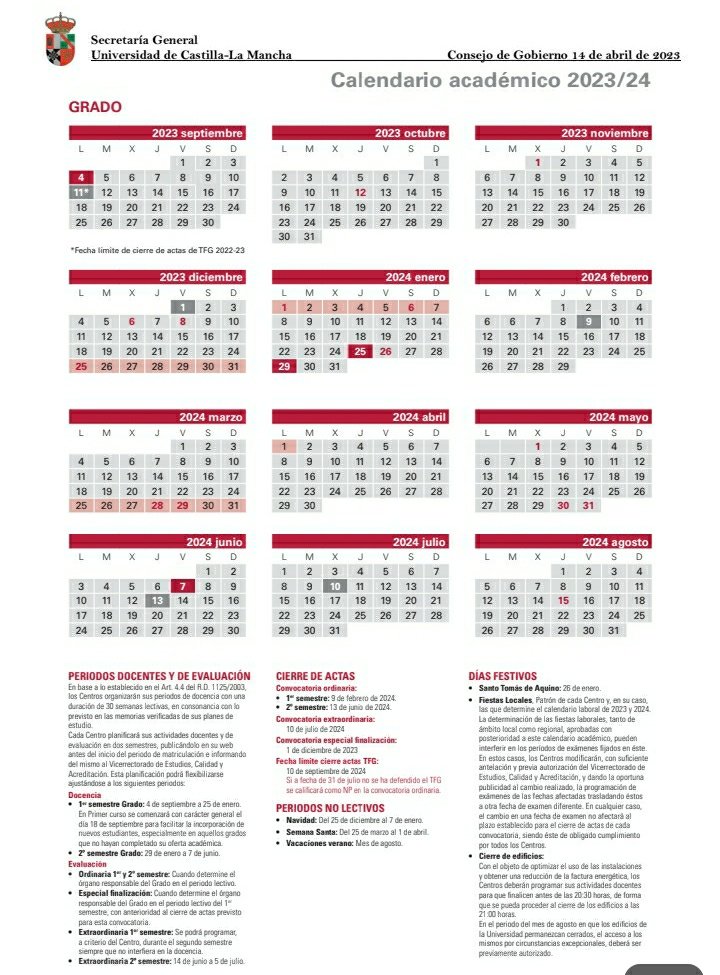 ▶️Consulta en el #calendario las fechas clave del próximo curso académico y organiza el primer cuatrimestre. También la web/RRSS de tu centro para más info.

Calendario de Grado y Máster 2023/24 ▶️ puedes descargarlo  en web #UCLM en perfil Estudiante y apartado de Normativa