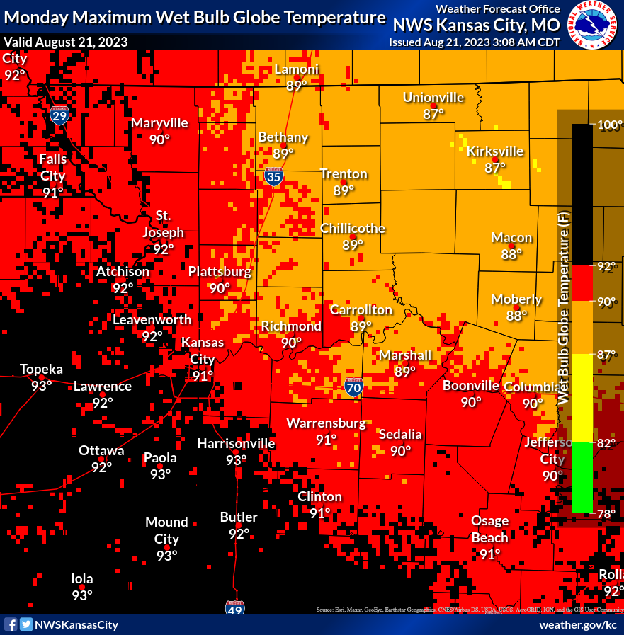 NickBenderKMBC's tweet photo. 🌡️The Wet Bulb Globe Temperature (WBGT) is an indicator of heat related stress on the human body at work (or play) in direct sunlight. It takes into account multiple atmospheric variables, including:  temperature, humidity, wind speed, sun angle, and cloud cover... (1/2) https://t.co/JjUCXLWo9f