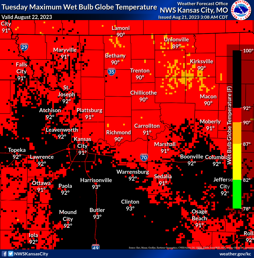 NickBenderKMBC's tweet photo. 🌡️The Wet Bulb Globe Temperature (WBGT) is an indicator of heat related stress on the human body at work (or play) in direct sunlight. It takes into account multiple atmospheric variables, including:  temperature, humidity, wind speed, sun angle, and cloud cover... (1/2) https://t.co/JjUCXLWo9f