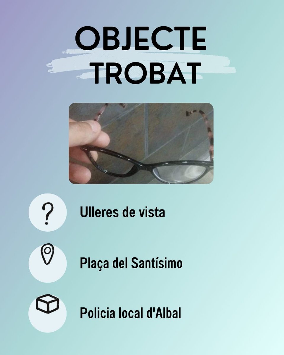 📷S'han trobat estes ulleres de vista. Si algú les reconeix com a pròpies pot recuperar-les en la policia local d'Albal. Gràcies!