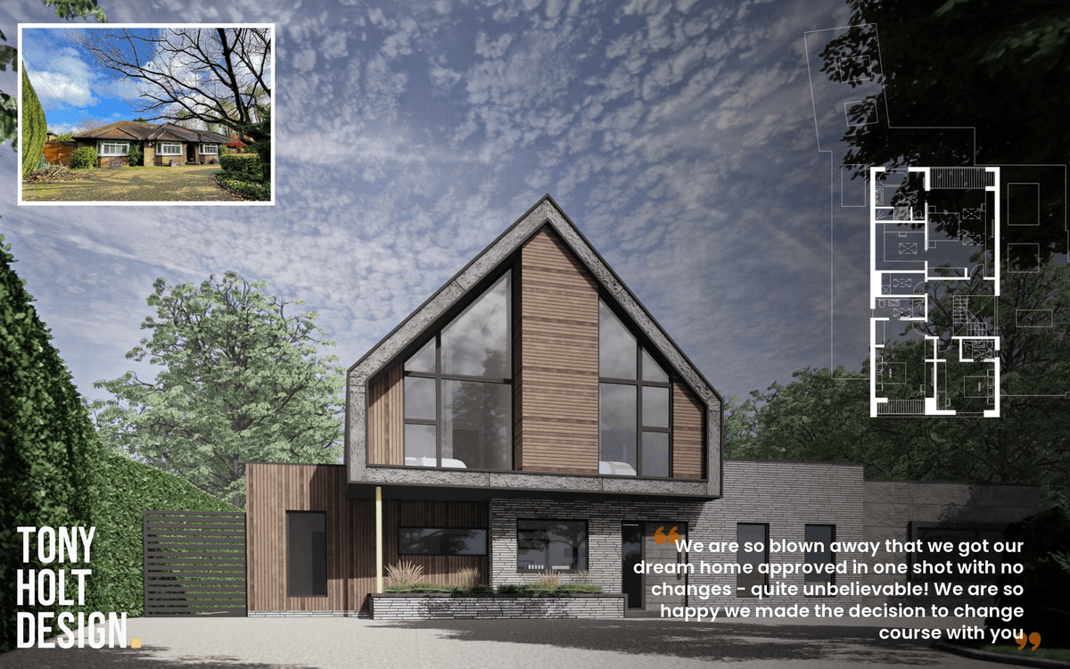 We have secured planning for this remodel of an existing bungalow. Our Client appointed us after securing consent for a modest design with an alternative designer, but wanted something more adventurous. We are now looking forward to guiding them through the next stages!