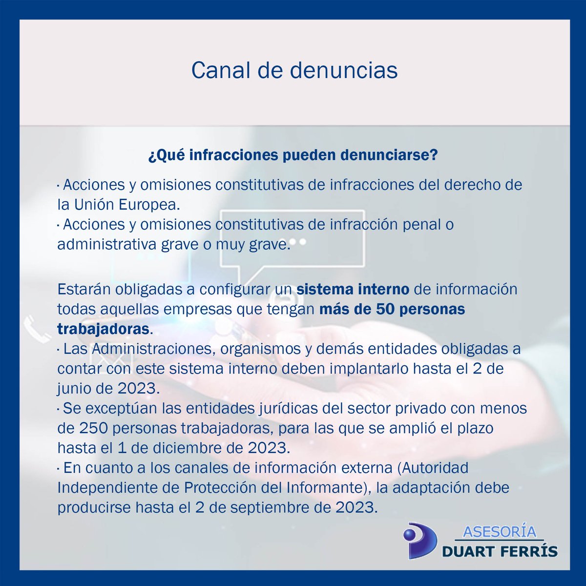 ❓¿Tienes 𝐜𝐚𝐧𝐚𝐥 𝐝𝐞 𝐝𝐞𝐧𝐮𝐧𝐜𝐢𝐚𝐬 en tu empresa? 

🤓Hoy te contamos todas las claves de esta herramienta para que cumplas con la normativa si procede.

#Asesor #Asesoría #Obligaciones #Empresa #Autónomos #CanalDeDenuncias #Denuncias