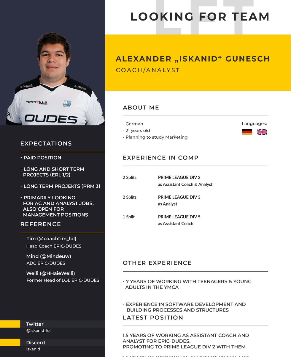 After almost 1.5 years with <a href="/EPICDUDESGAMING/">DIE DUDES</a> with many Ups and Downs, I'm looking for new projects for Wintercup &amp; 2024. I'm primarily looking for Assistant Coach or Analyst Jobs, but I'm also open for Management Positions.

Mainly interested in ERL 1/2.

RTs &amp; Likes appreciated.