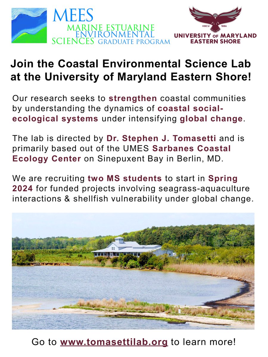 SJTomasetti's tweet photo. I'm looking for interested graduate students to join my lab at UMES...see attached flyer. We can start as early as Spring 2024😀 https://t.co/nul9e4CYJF