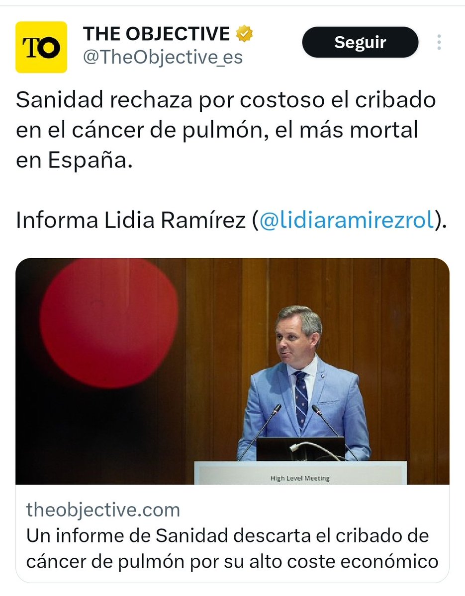 Estas cosas hacen un daño tremendo al SNS y a los pacientes q, ante algo tan duro como un cáncer pulmonar, creen q les están dejando de lado.
La realidad es q ese cribado es perjudicial para los pacientes, por eso no se implanta. Una pena q el titular quiera mostrar lo contrario