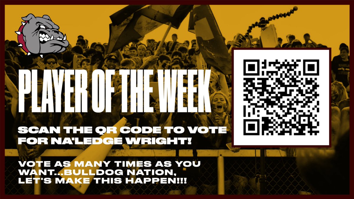 JMRHS_Athletics's tweet photo. BULLDOG NATION...We need your help.  Scan the QR Code to vote for Na'Ledge Wright as the Charlotte Observer Player of the Week.  Vote as many times as you want.  Let's make this happen! https://t.co/XXJBhuT6O9