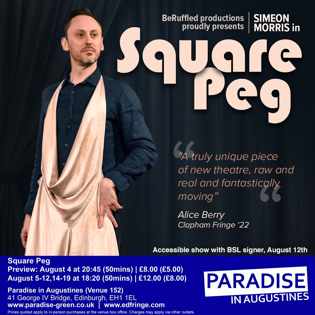 @FringeReview Pinched by @aPinchoftheatre at Greenside Infirmary is stunning! Also, Fringe First awarded Square Peg is for men on the verge of a midlife crisis and ALL women alive! Paradise Green till the 27th 16:15 bit.ly/3W7nftN #edfringe
