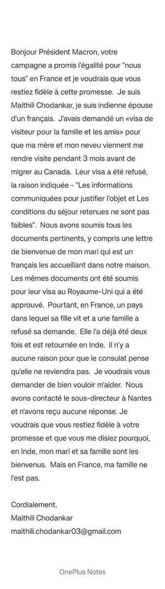 Maithili_MM's tweet photo. Je voudrais demander votre aide en tant que résident de France, qui est marié à un français.  Je voudrais plaider pour l'égalité des droits en France.  Une lettre ouverte @FR_Consulaire pour contester votre décision de refus de visa pour la visite de ma famille @EmmanuelMacron https://t.co/ZAcosiluMM